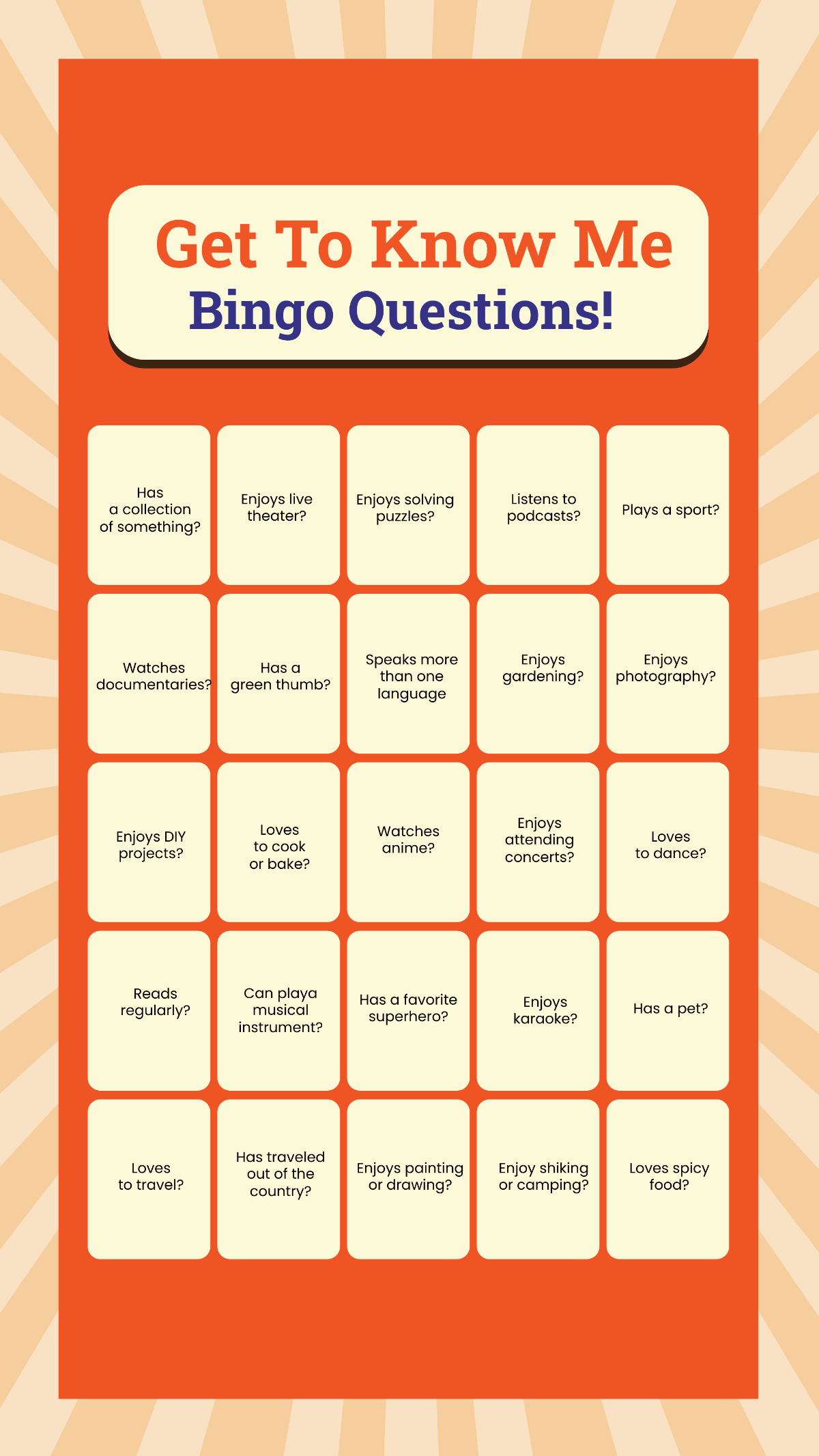 Get to Know Me Bingo Questions