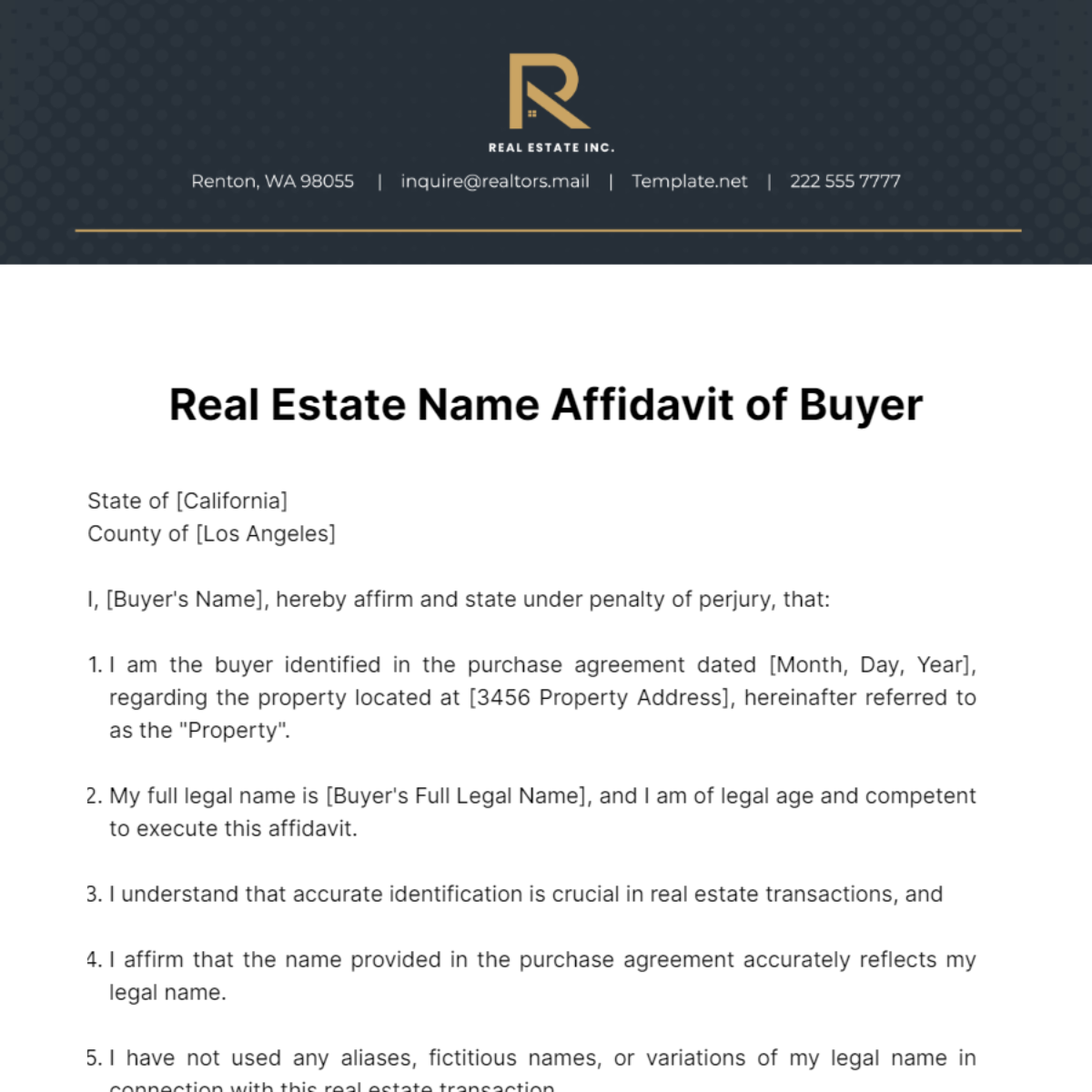 Real Estate Name Affidavit of Buyer Template