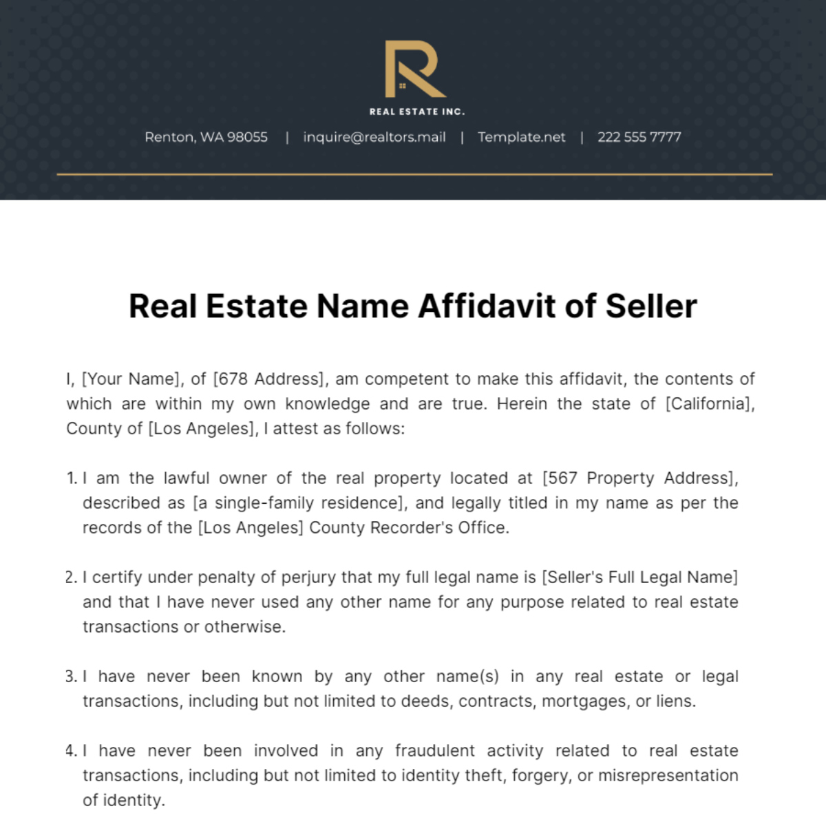 Real Estate Name Affidavit of Seller Template