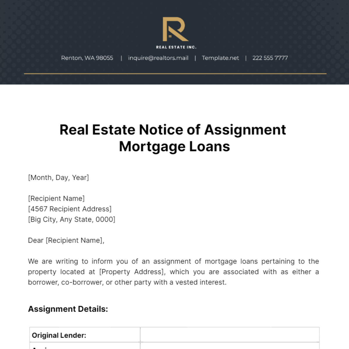 Free Real Estate Notice of Assignment Mortgage Loans Template