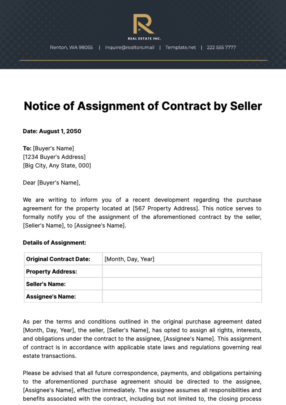 Free Real Estate Notice of Assignment of Contract by Seller Template
