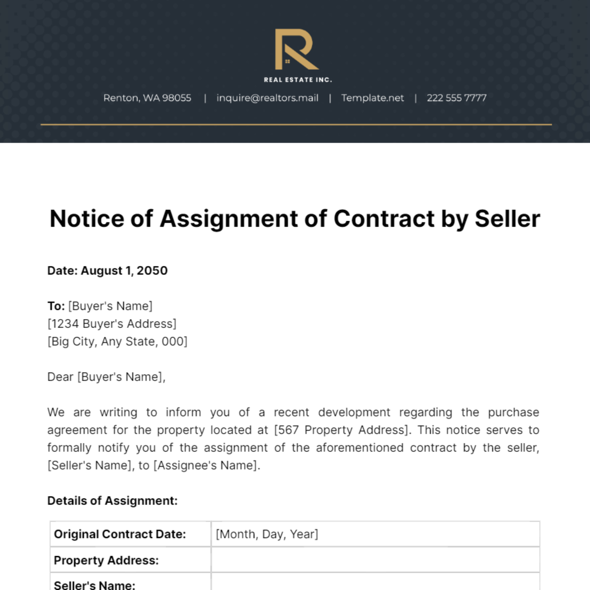 Real Estate Notice of Assignment of Contract by Seller Template