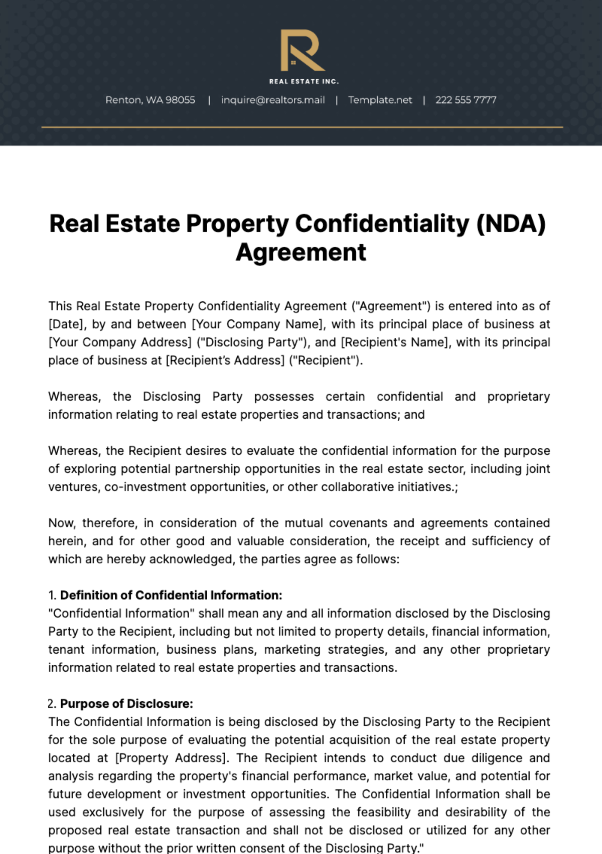 Real Estate Property Confidentiality (NDA) Agreement Template
