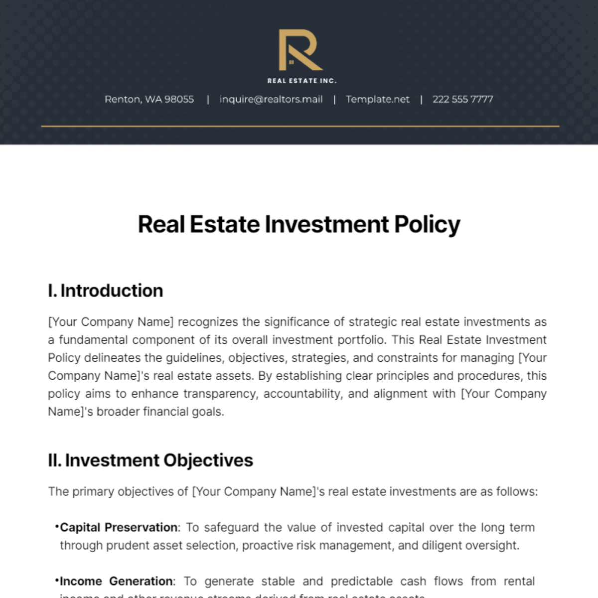 Real Estate Investment Policy Template