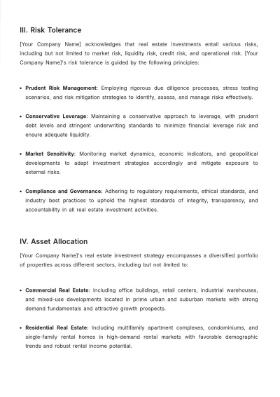 Free Real Estate Investment Policy Template to Edit Online