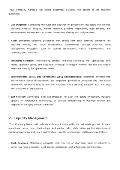 Free Real Estate Investment Policy Template to Edit Online