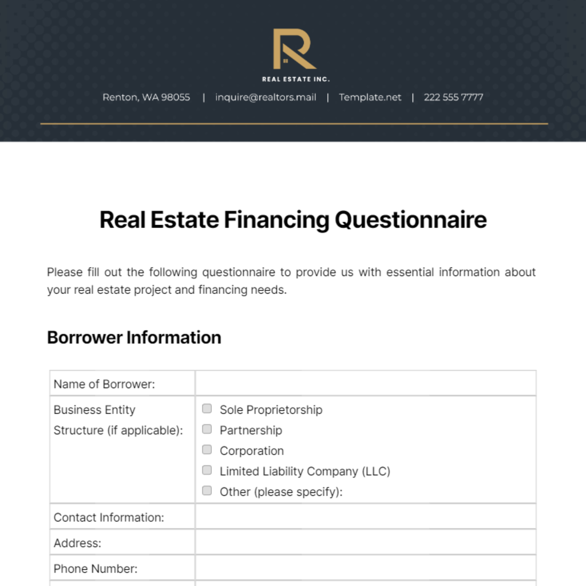 Free Real Estate Financing Questionnaire Template