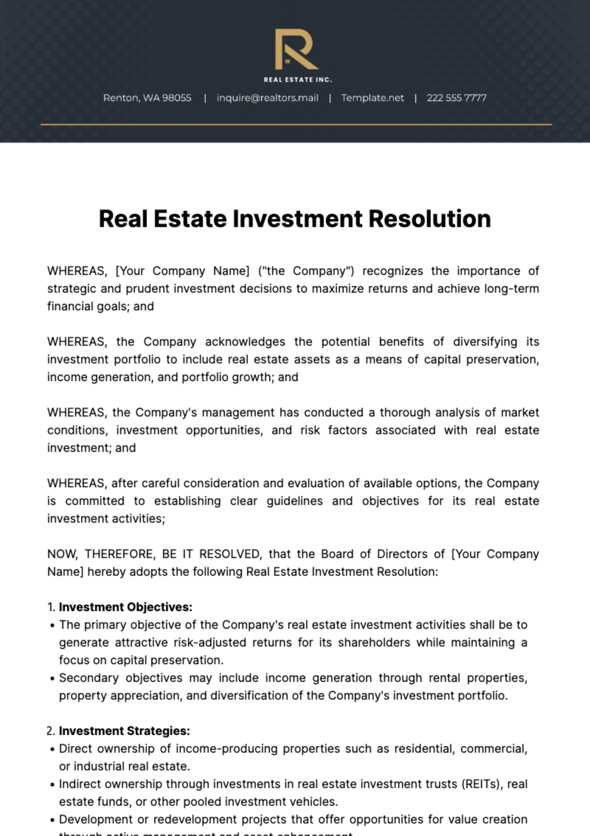 Free Real Estate Investment Resolution Template