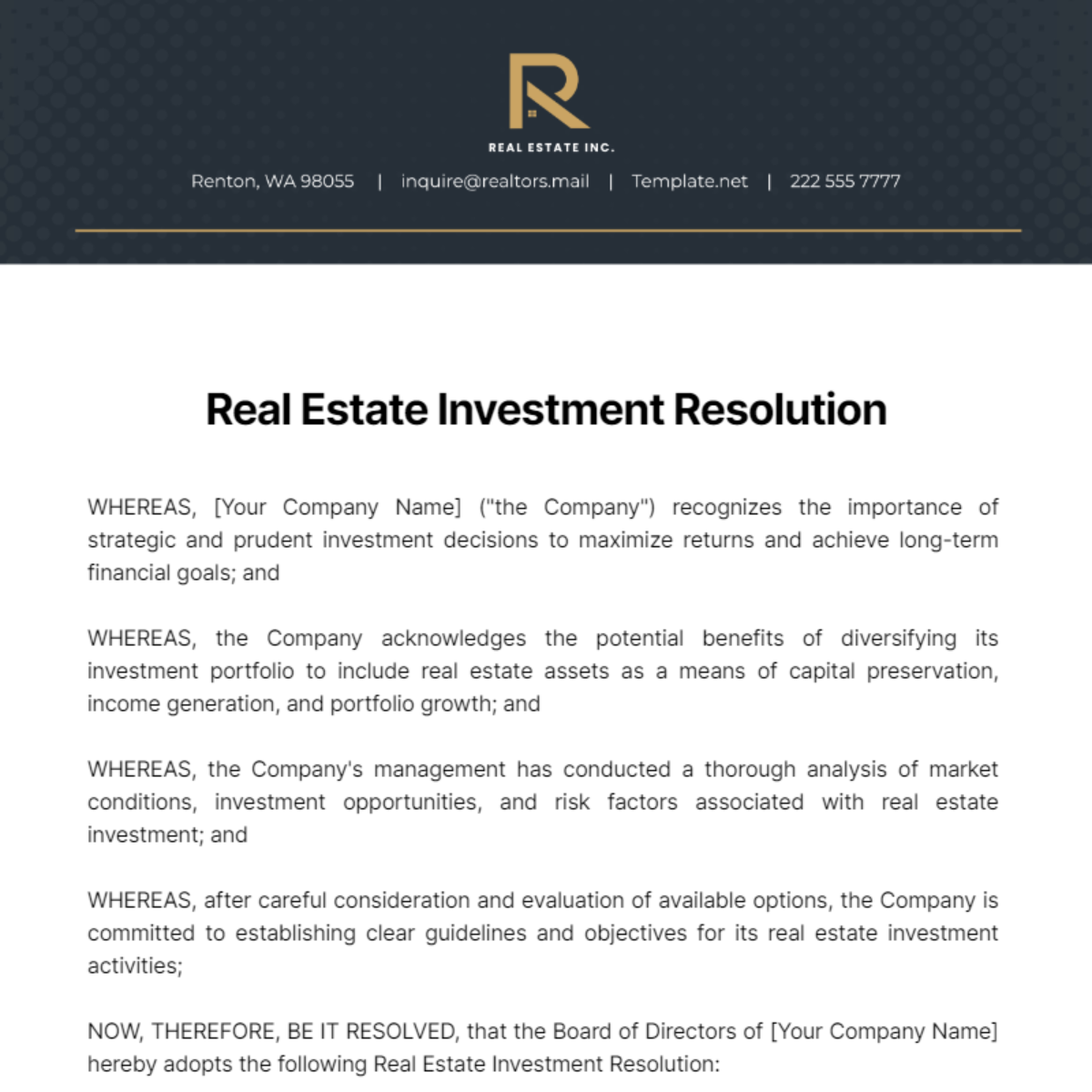 Real Estate Investment Resolution Template