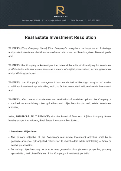 Free Real Estate Investment Resolution Template to Edit Online