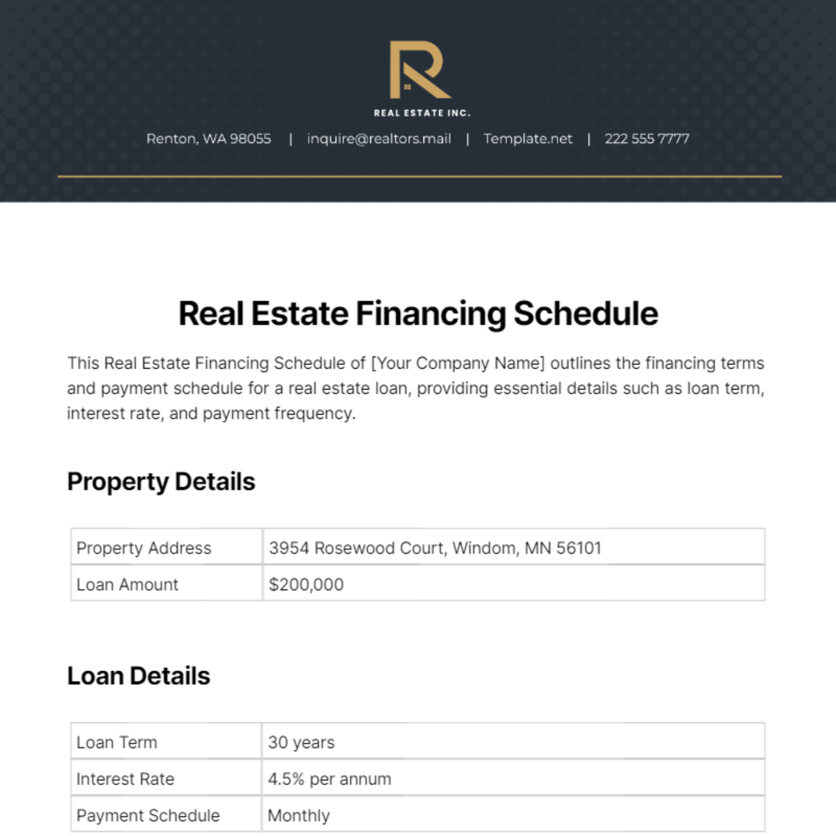 Real Estate Financing Schedule Template
