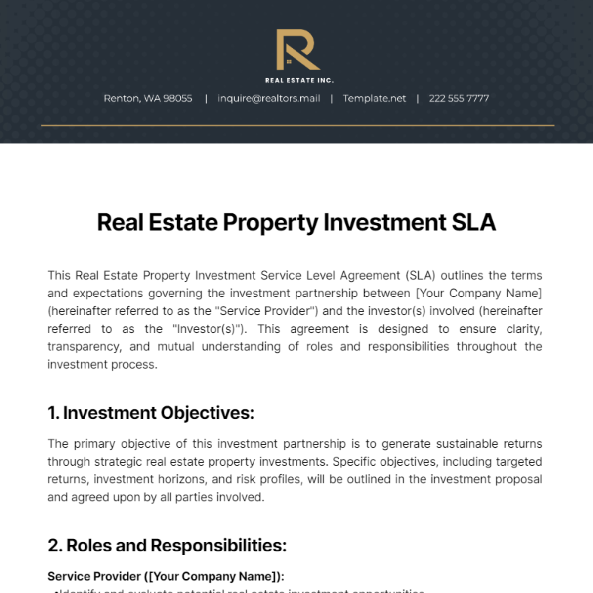 Real Estate Property Investment SLA Template