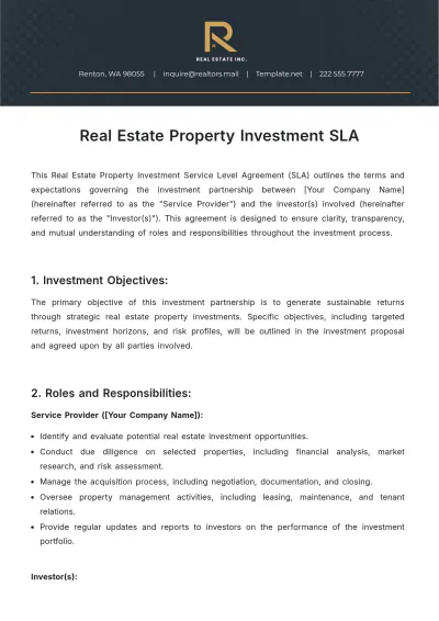 Free Real Estate Property Investment SLA Template to Edit Online