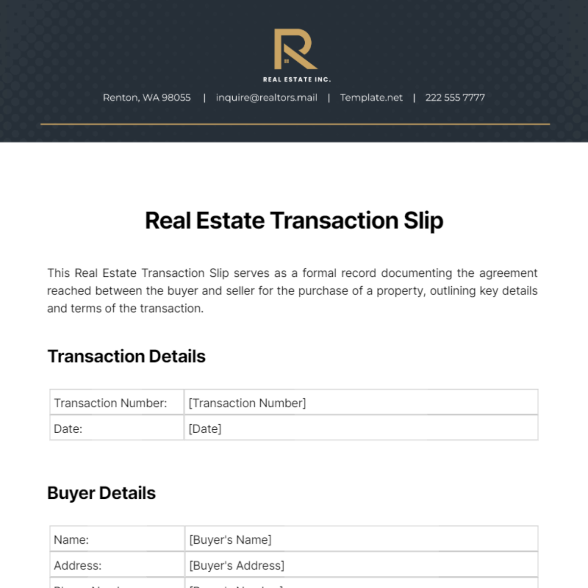 Real Estate Transaction Slip Template