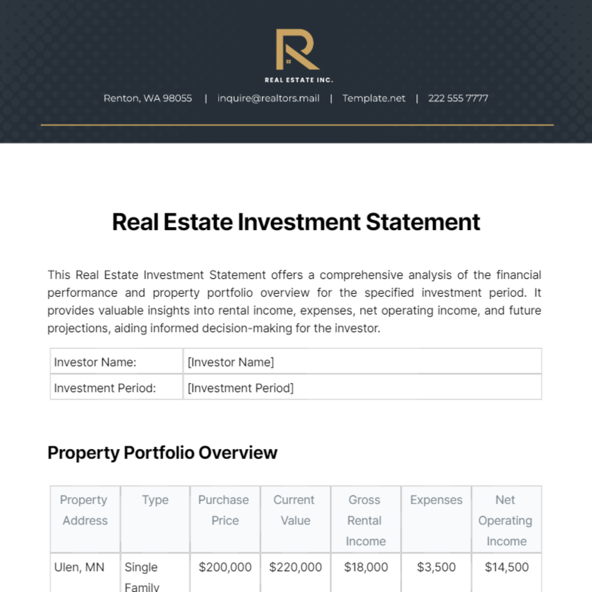Real Estate Investment Statement Template