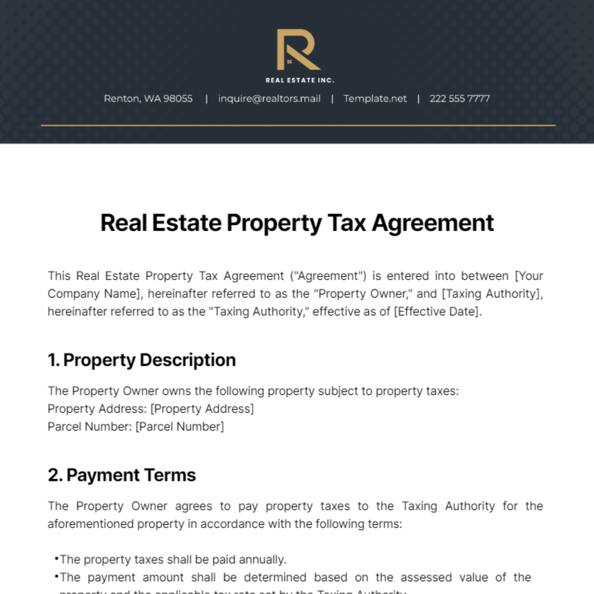 Free Real Estate Property Tax Agreement Template