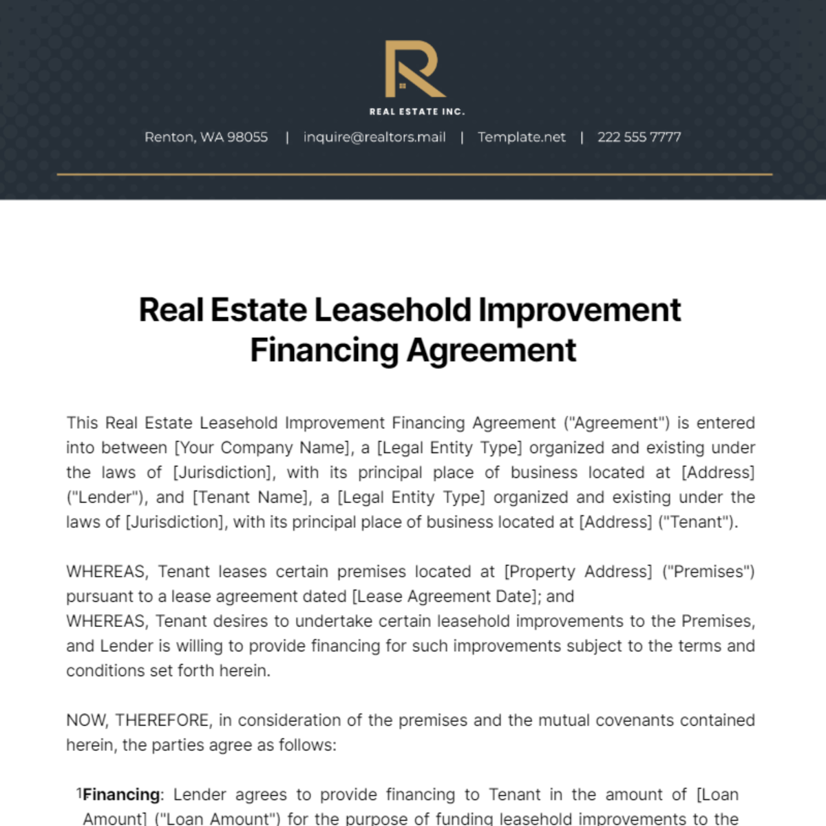 Free Real Estate Leasehold Improvement Financing Agreement Template