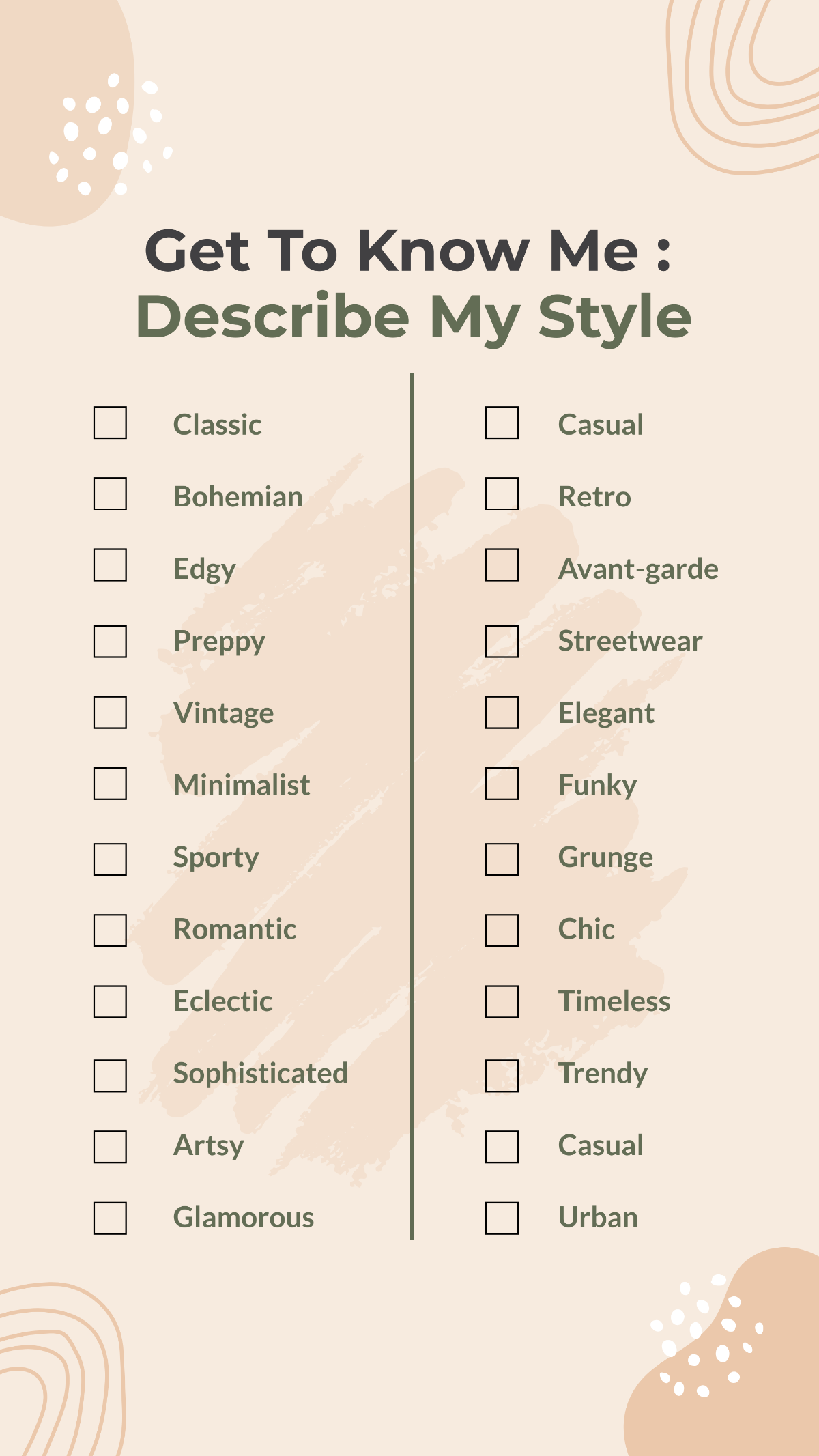 Free Get to Know Me Words to Describe My Style IG Story