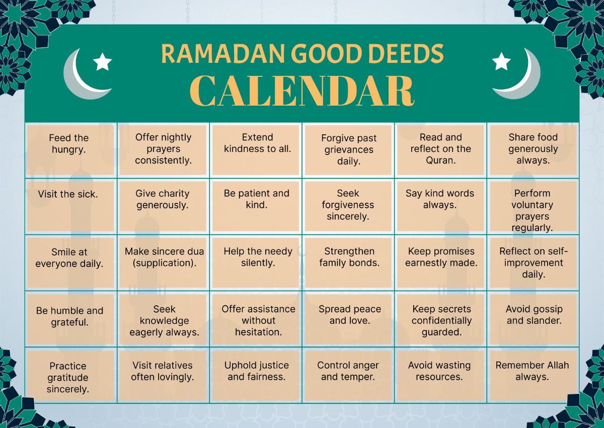 30 Day Ramadan Good Deeds Calendar Template