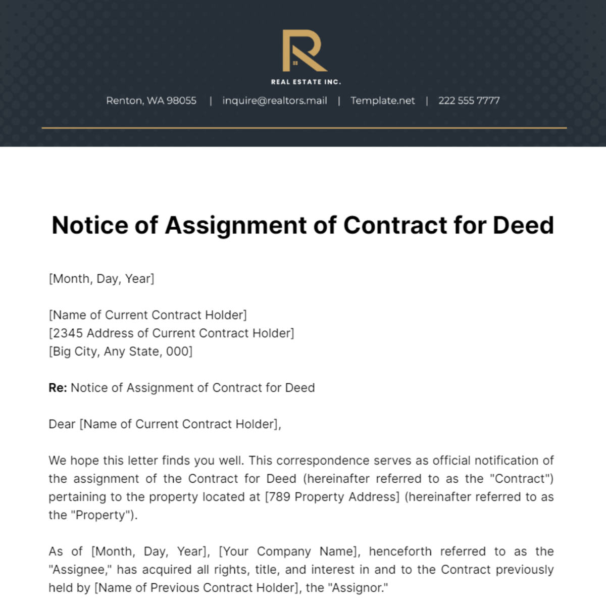 Real Estate Notice of Assignment of Contract for Deed Template