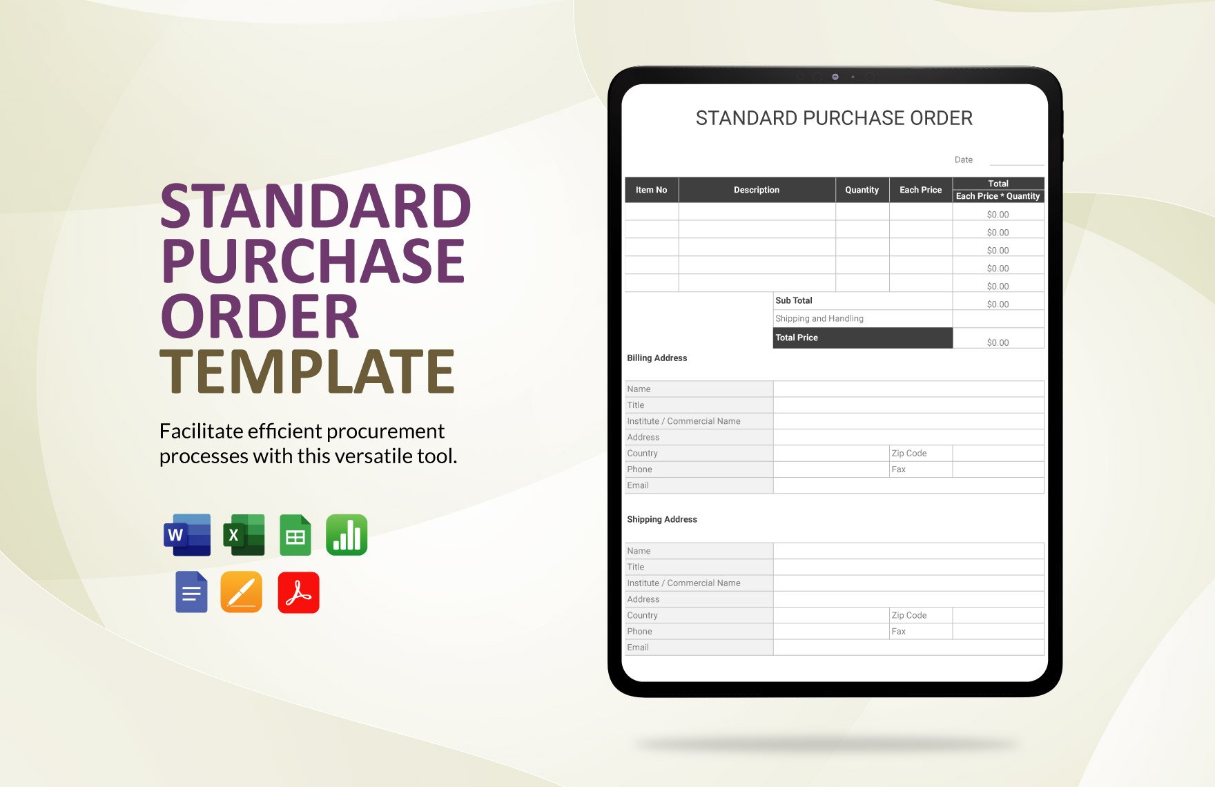 Standard Purchase Order Template in Word, Google Docs, Excel, PDF, Google Sheets, Apple Pages, Apple Numbers