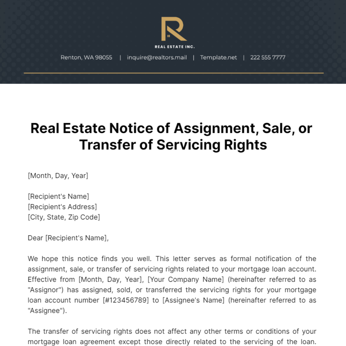 Real Estate Notice of Assignment, Sale, or Transfer of Servicing Rights Template
