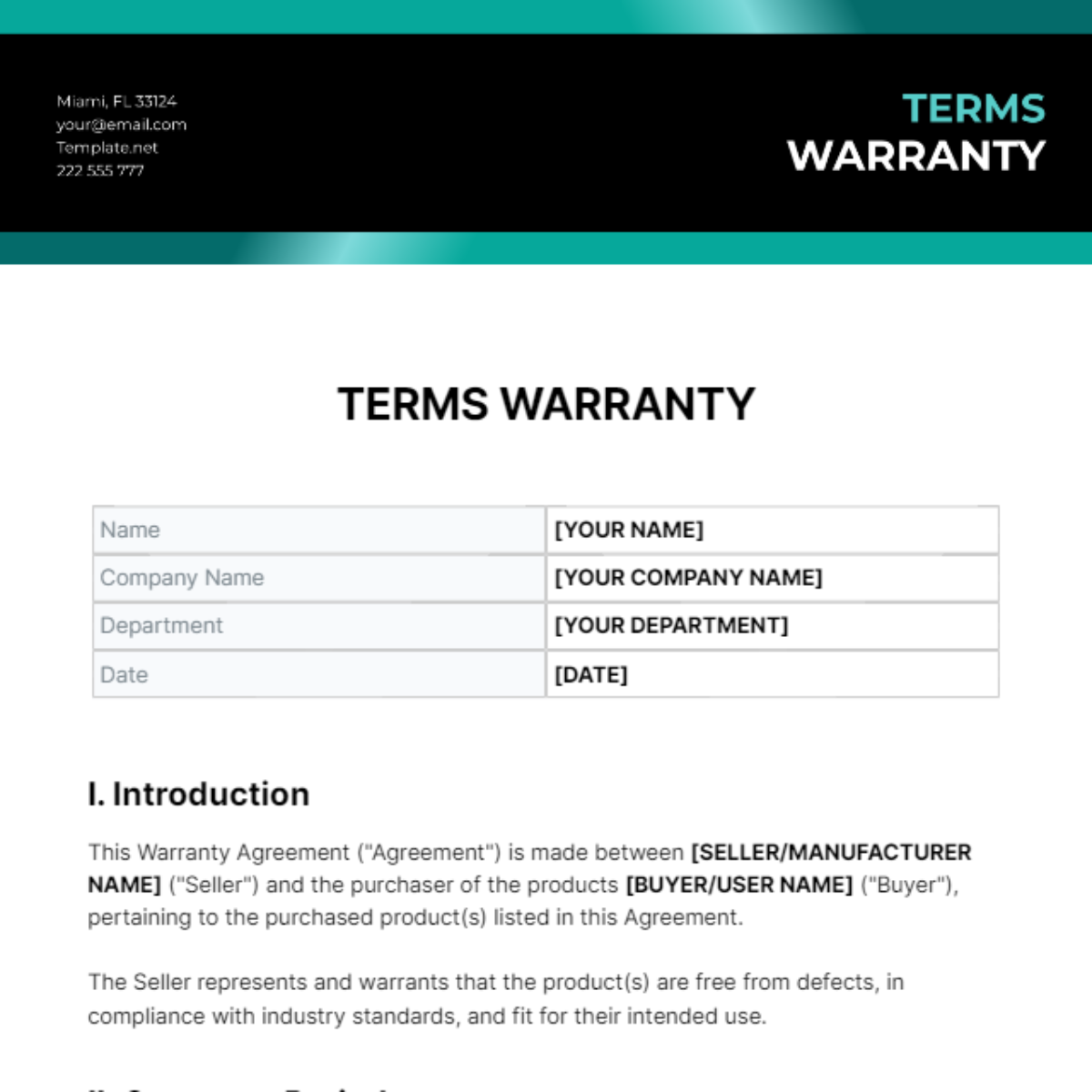 Terms Warranty Template