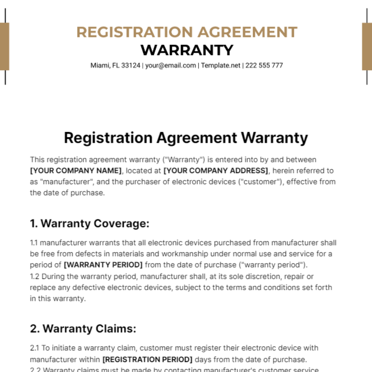 Registration Agreement Warranty Template