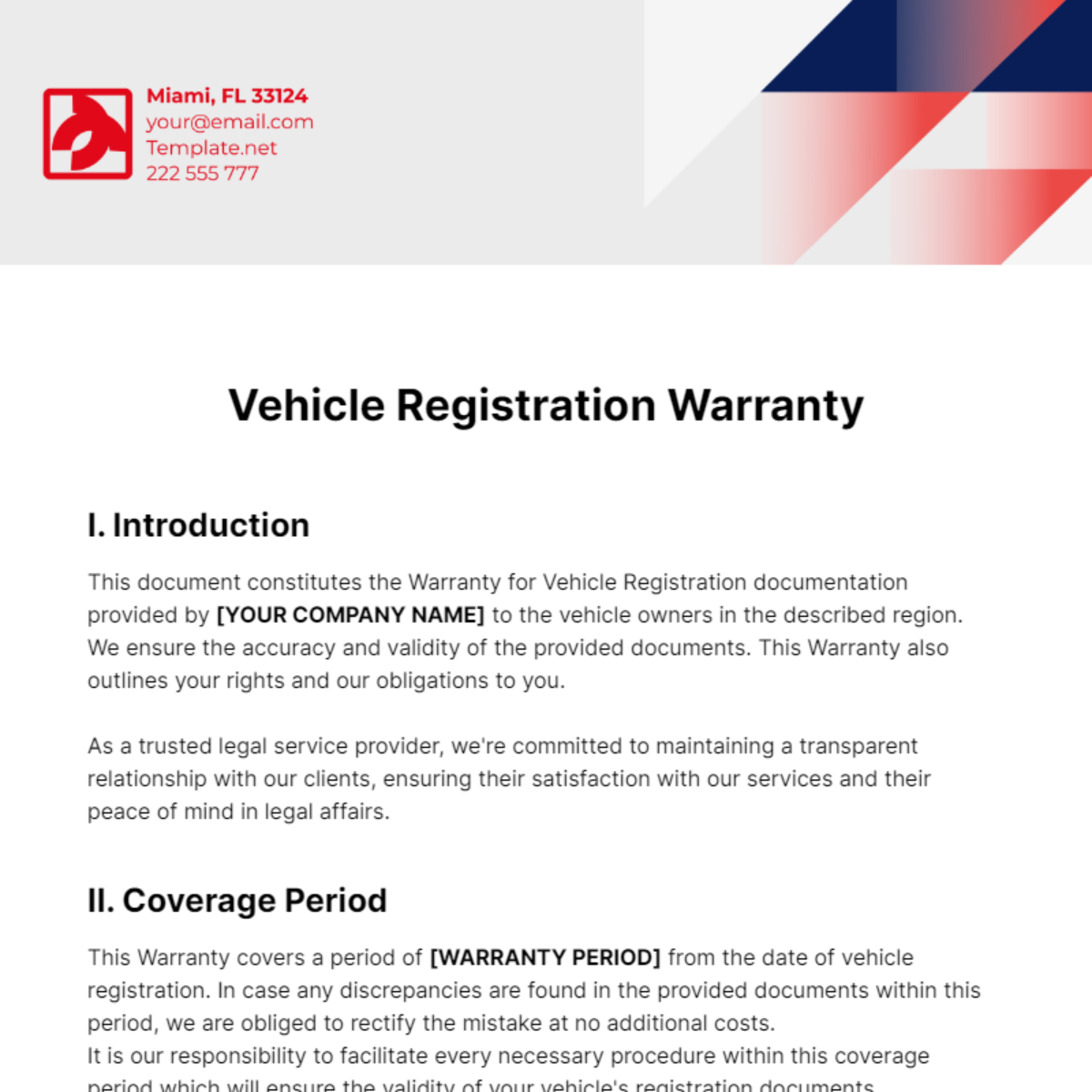 Vehicle Registration Warranty Template