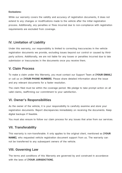 Free Vehicle Registration Warranty Template to Edit Online