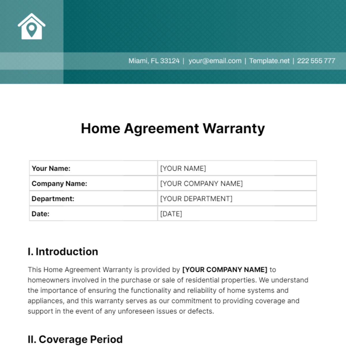 Home Agreement Warranty Template