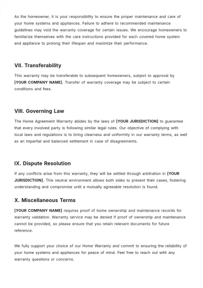 Free Home Agreement Warranty Template to Edit Online