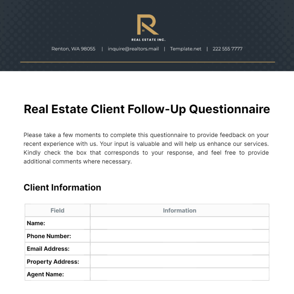 Real Estate Client Follow-Up Questionnaire Template