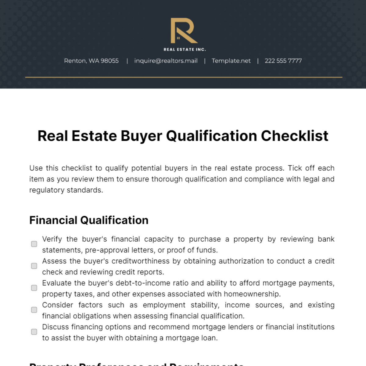 Free Real Estate Buyer Qualification Checklist Template