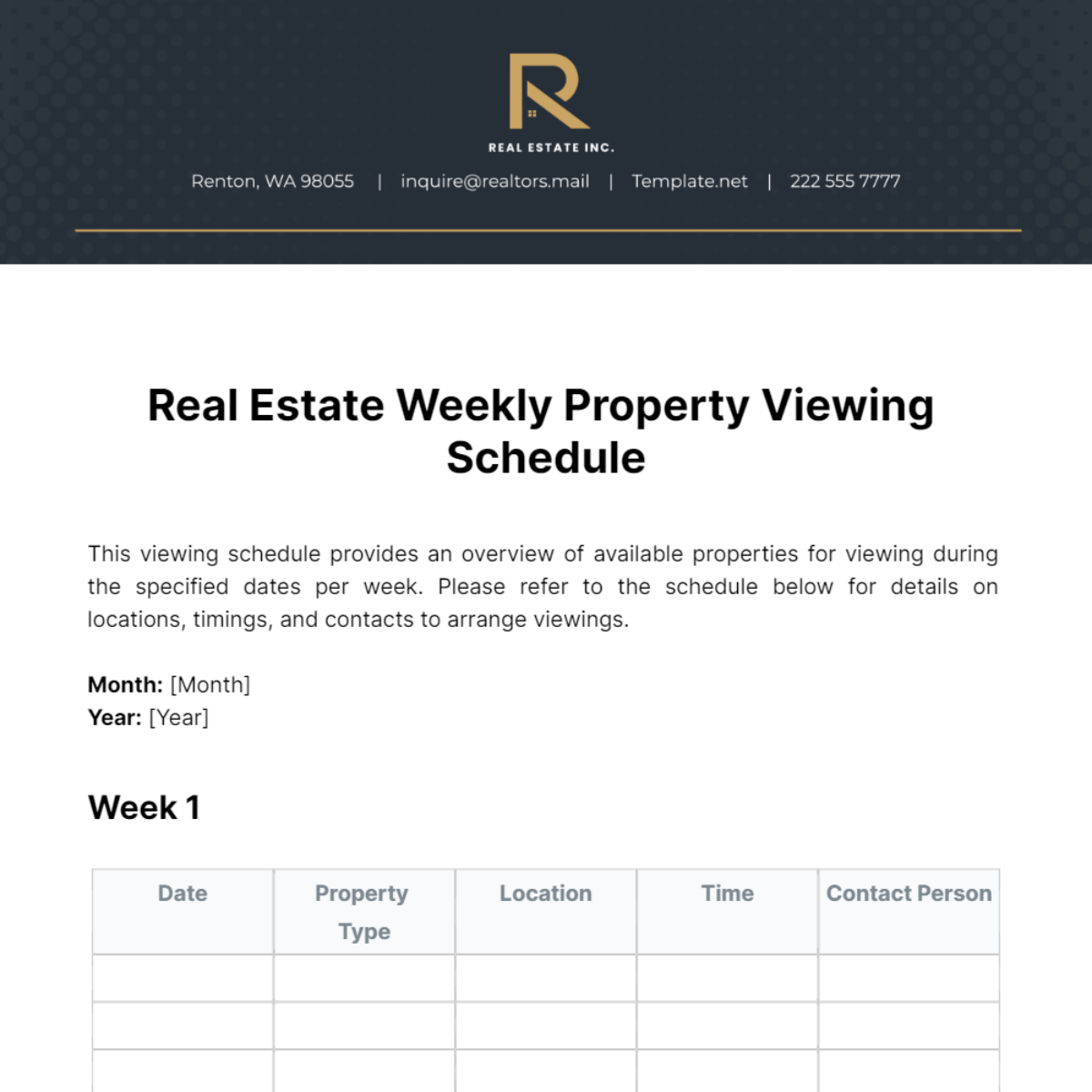 Real Estate Weekly Property Viewing Schedule Template