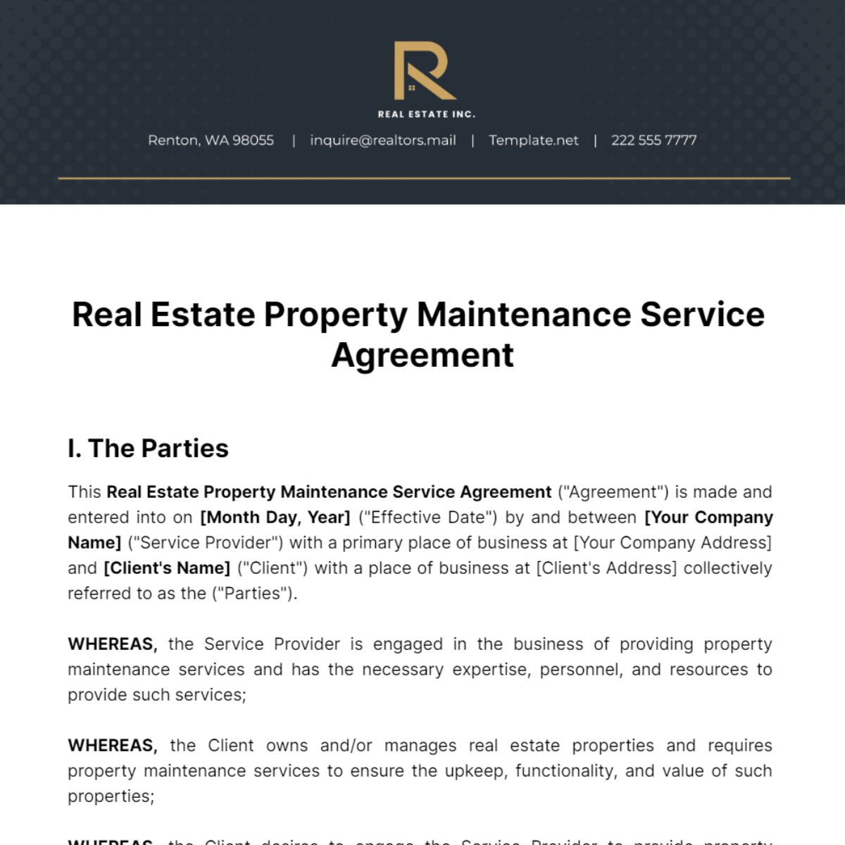 Free Real Estate Property Maintenance Service Agreement Template