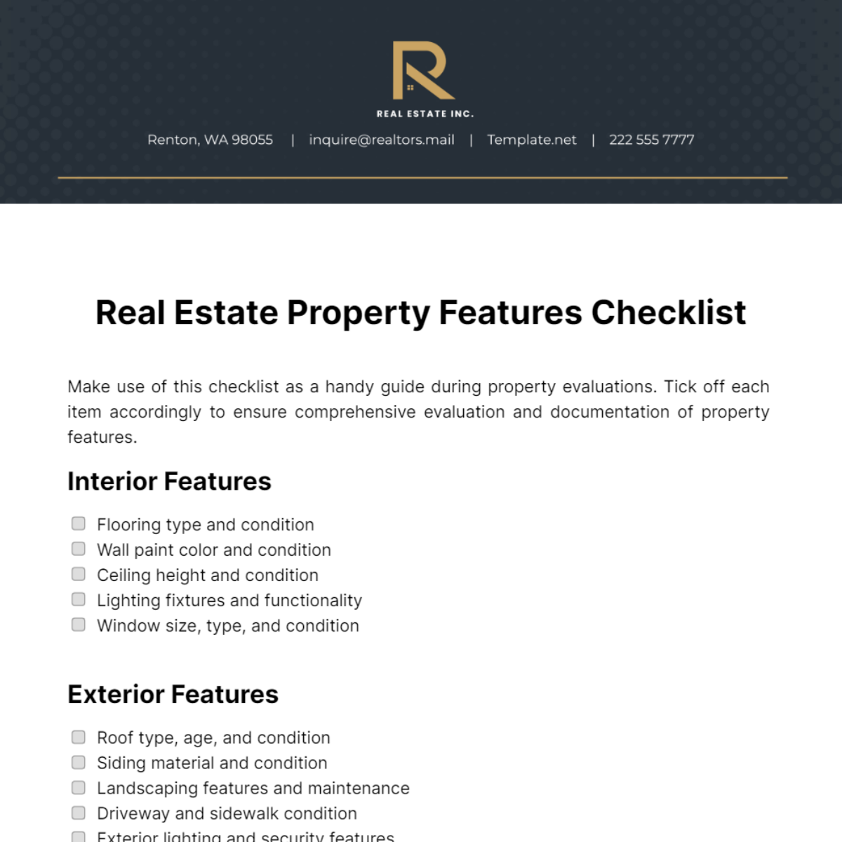 Free Real Estate Property Features Checklist Template