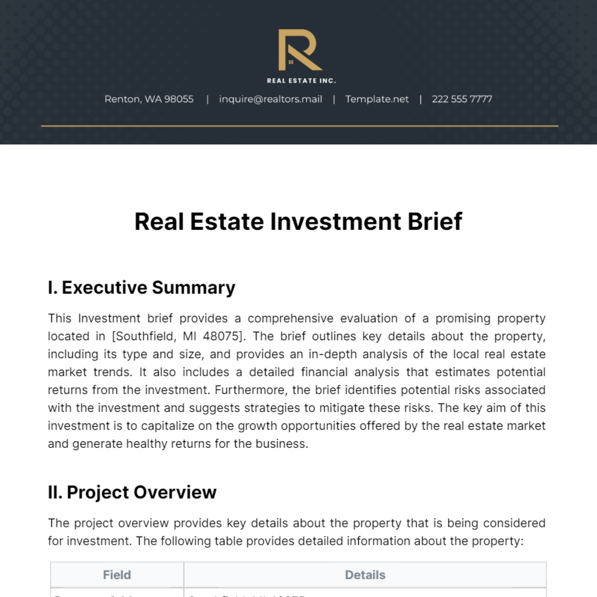 Real Estate Investment Brief Template