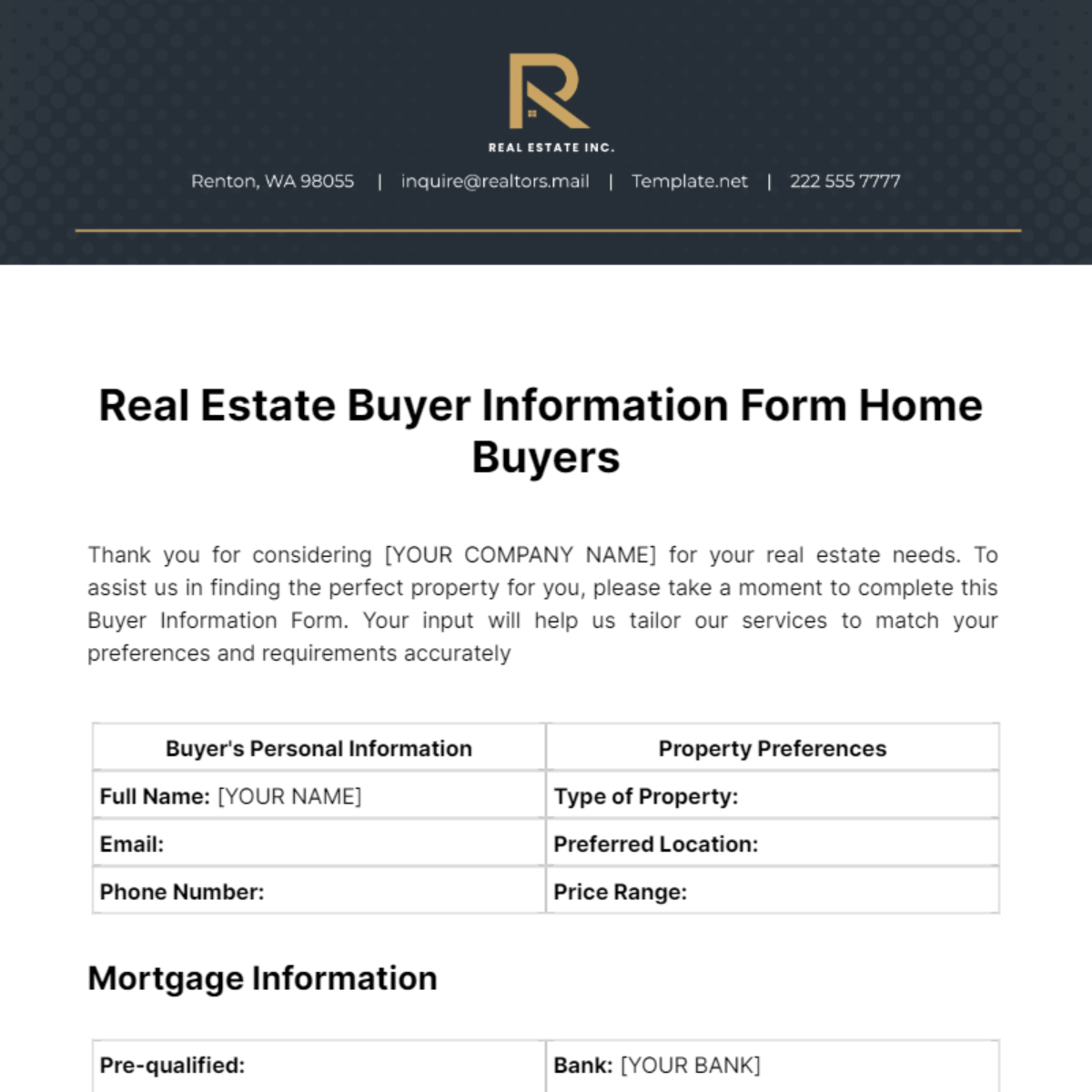 Real Estate Buyer Information Form Home Buyers Template