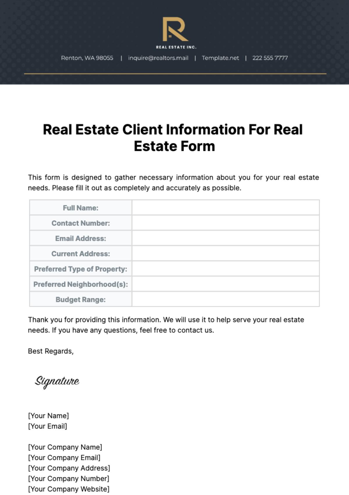 Real Estate Client Information For Real Estate Form Template