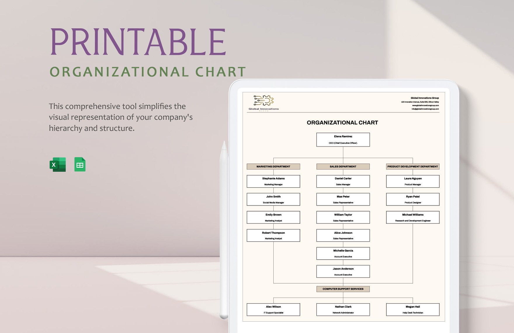 Printable Organizational Chart Template in Excel, Google Sheets