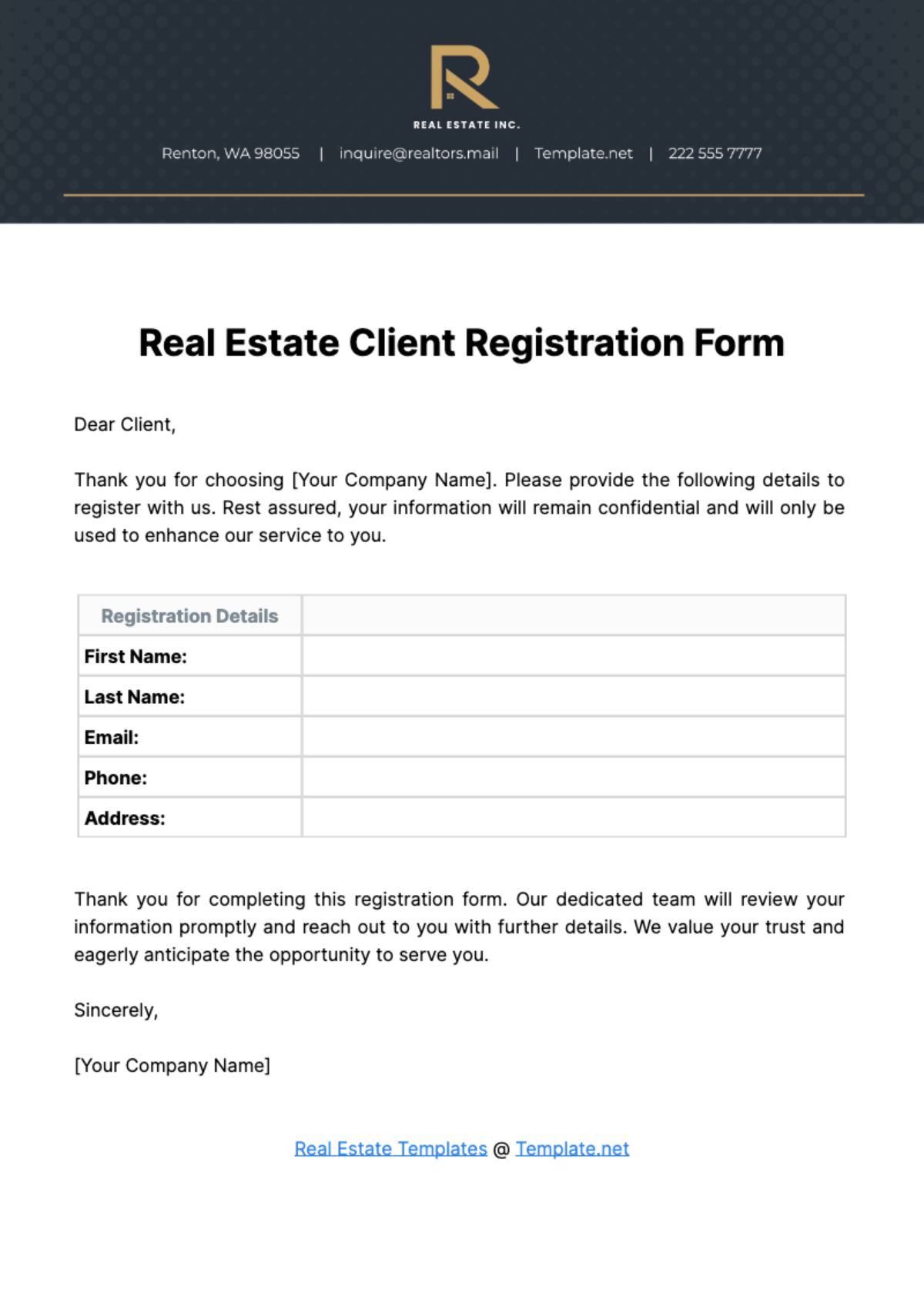 Real Estate Client Registration Form Template