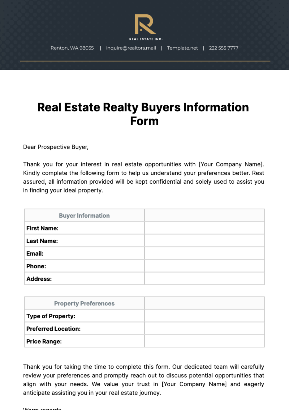 Real Estate Realty Buyers Information Form Template