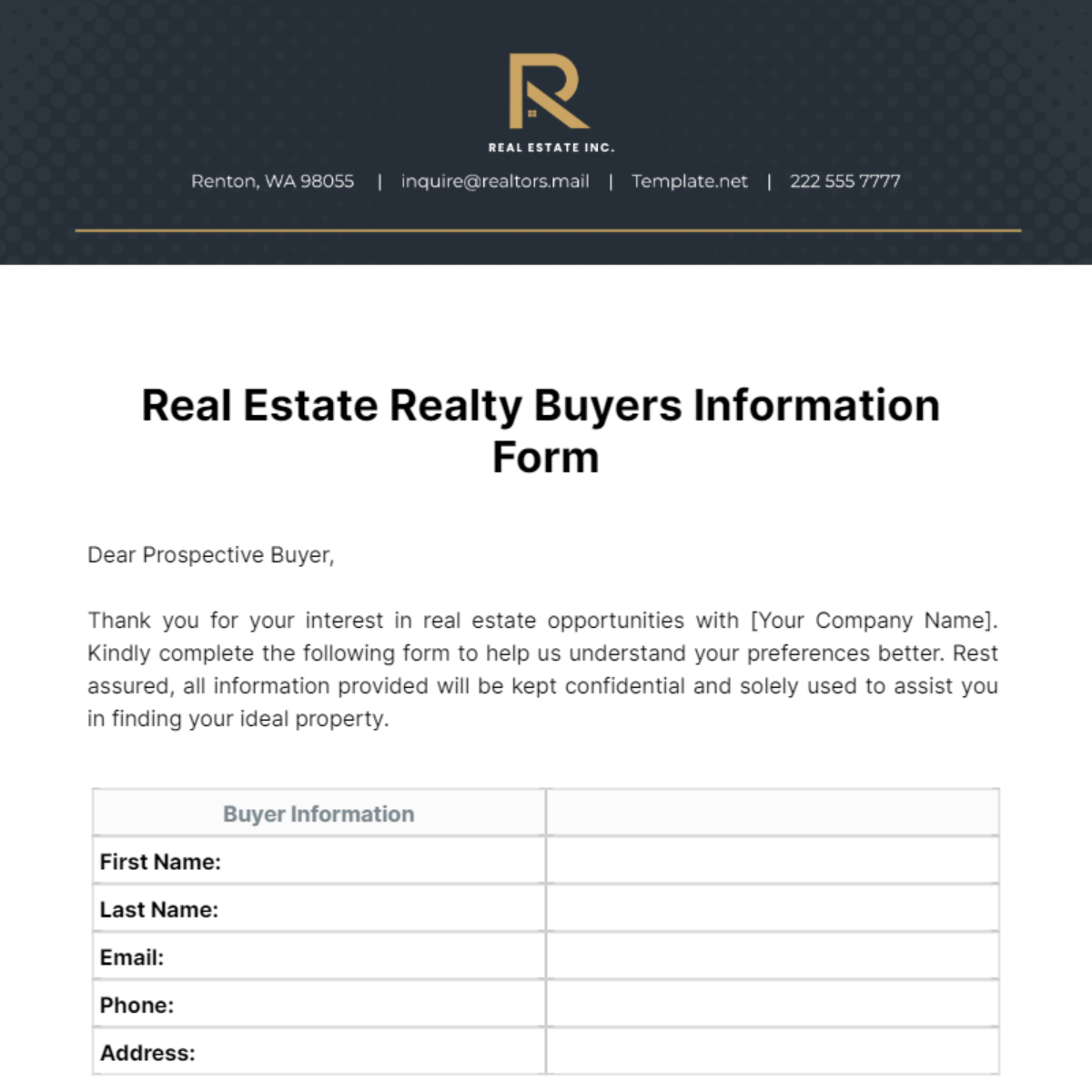 Real Estate Realty Buyers Information Form Template - Edit Online ...