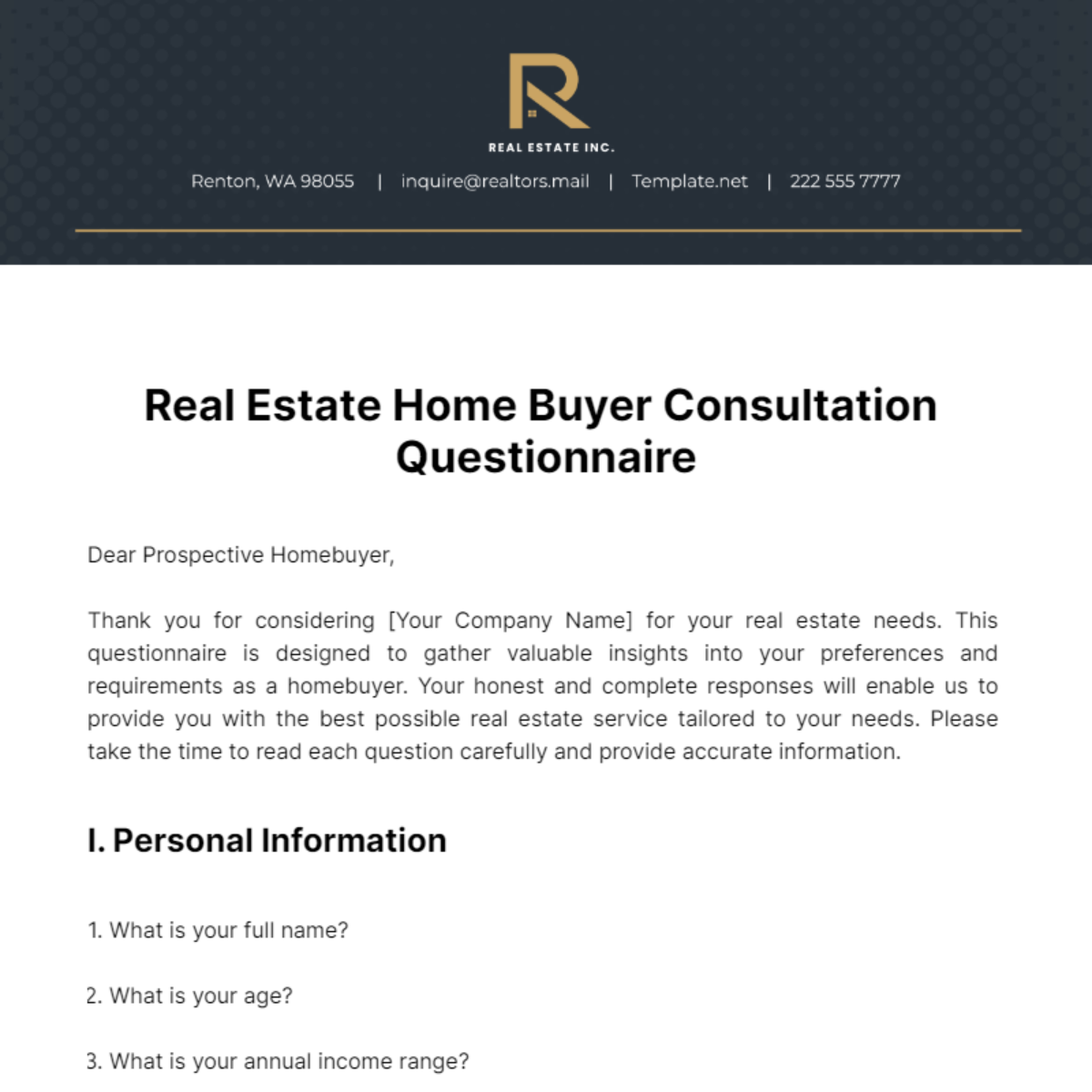 Real Estate Home Buyer Consultation Questionnaire Template