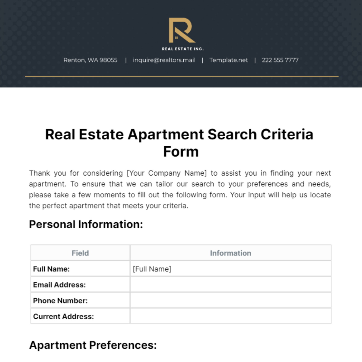 Real Estate Apartment Search Criteria Form Template
