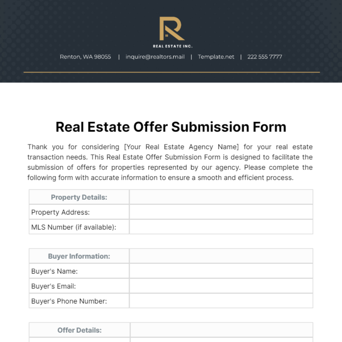 Real Estate Offer Submission Form Template