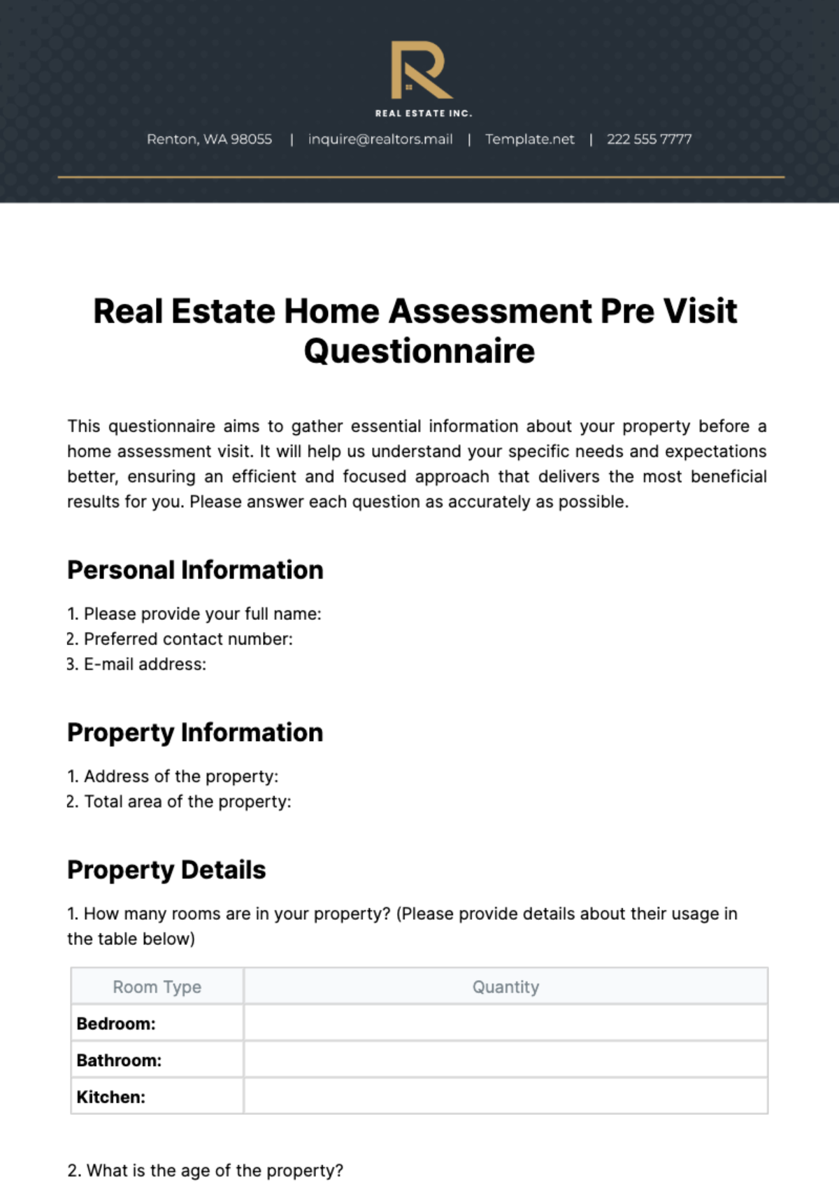 Real Estate Home Assessment Pre Visit Questionnaire Template
