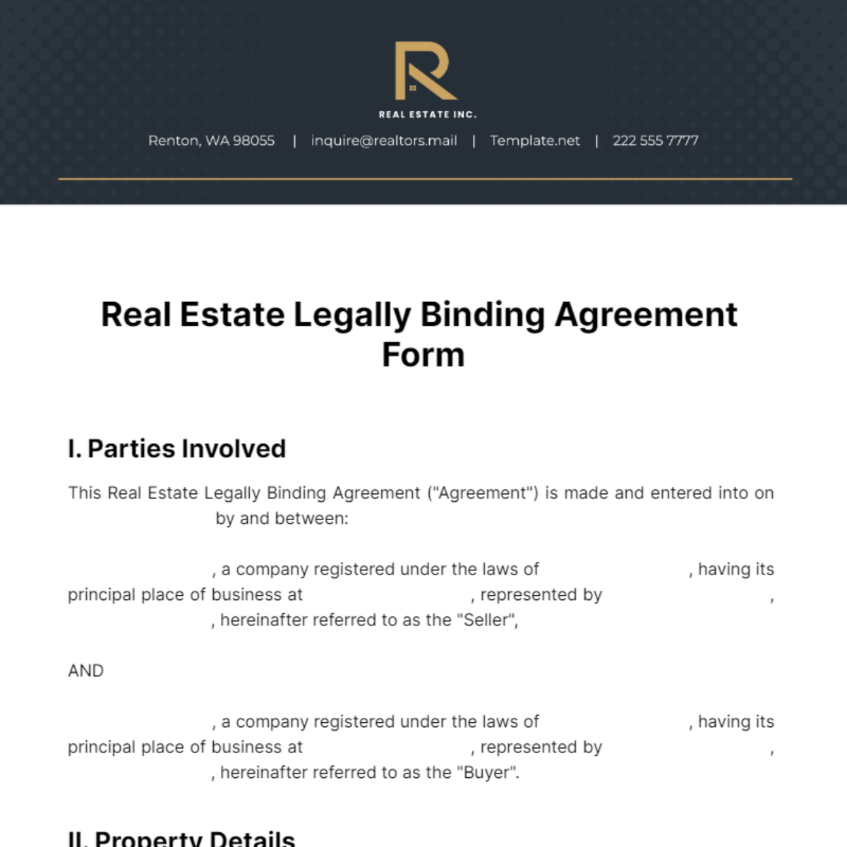 Real Estate Legally Binding Agreement Form Template