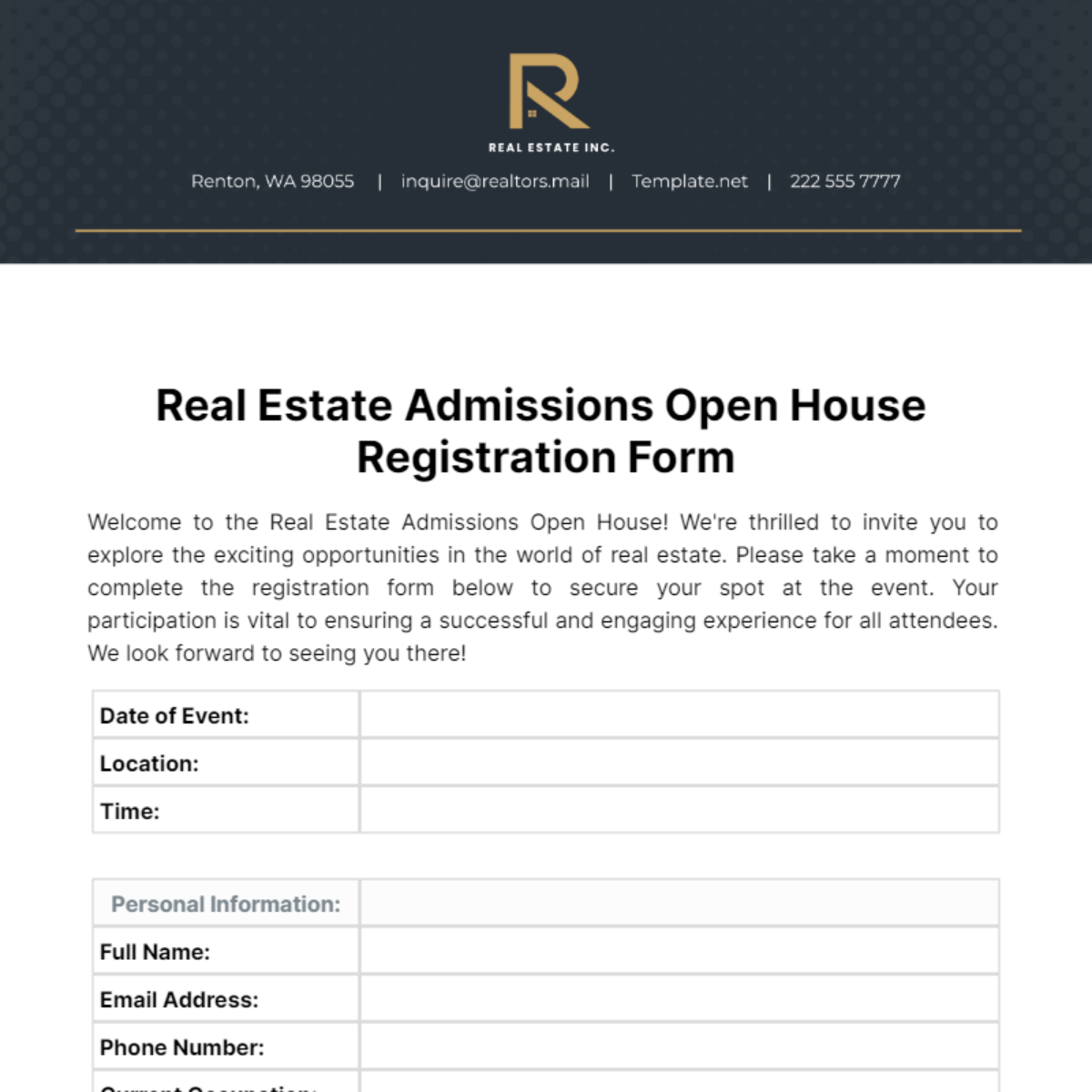 Real Estate Admissions Open House Registration Form Template